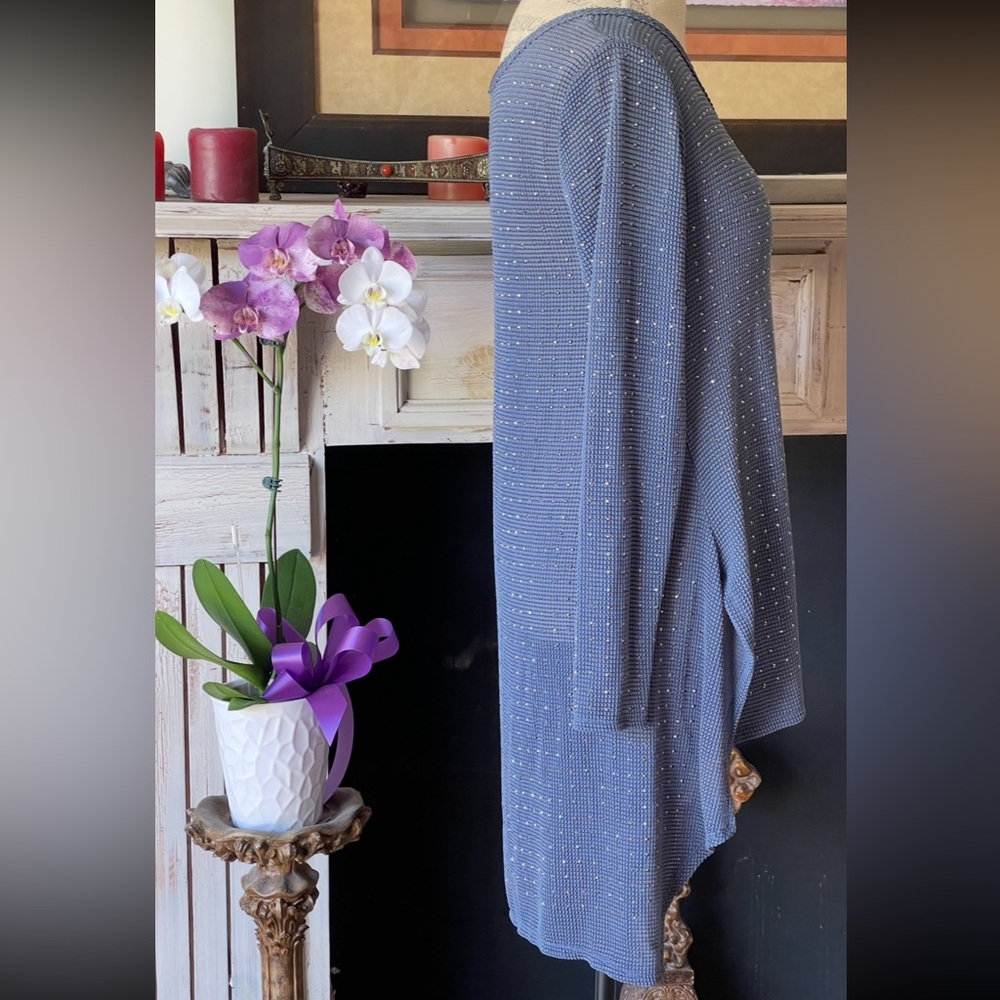 VOCAL Semi-Sheer High/Low Faceted Silvery Adornments on Denim Color Fabric Top S - Picture 3 of 7